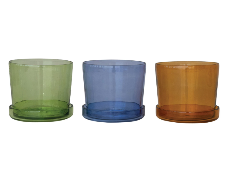 Hand-Blown Recycled Glass Planters with Saucer
