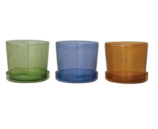 Hand-Blown Recycled Glass Planters with Saucer