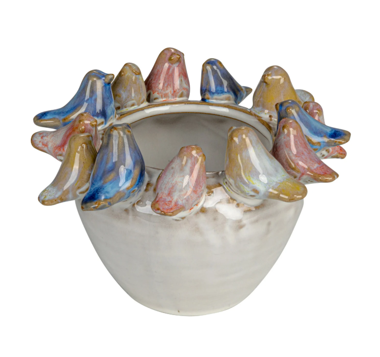 Stoneware Planter with 3D Birds