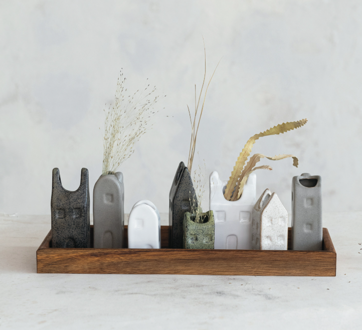 Wood Tray with Eight House Shaped Vases