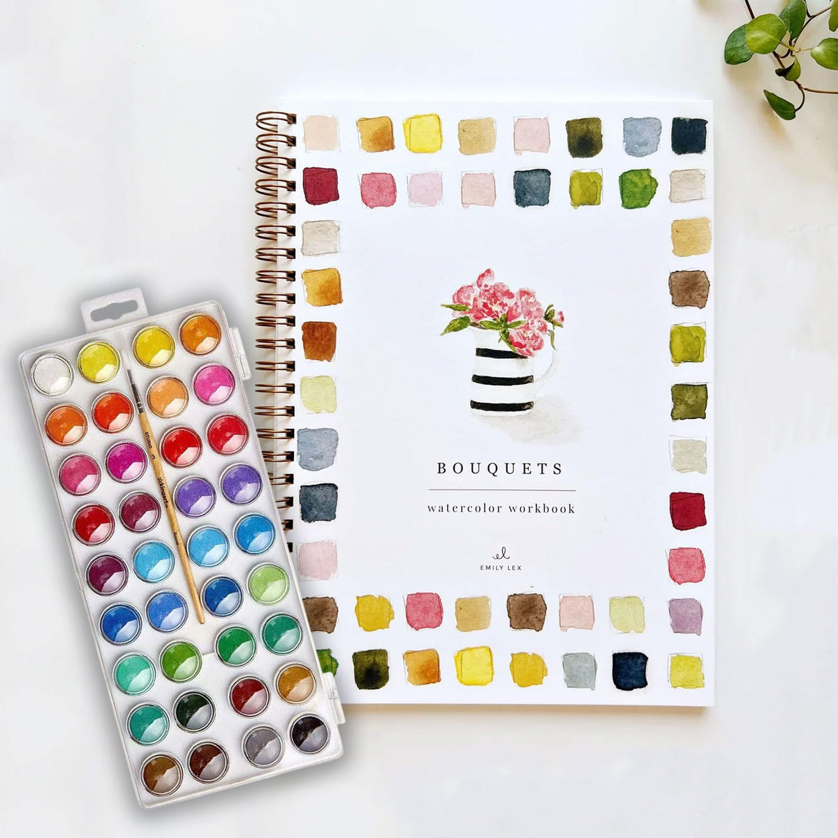 Copy
Emily Lex Studio Bouquets Watercolor Workbook paired with KINGART 36-color watercolor paint set and brush in Good Blooms Watercolor Afternoon Kit.