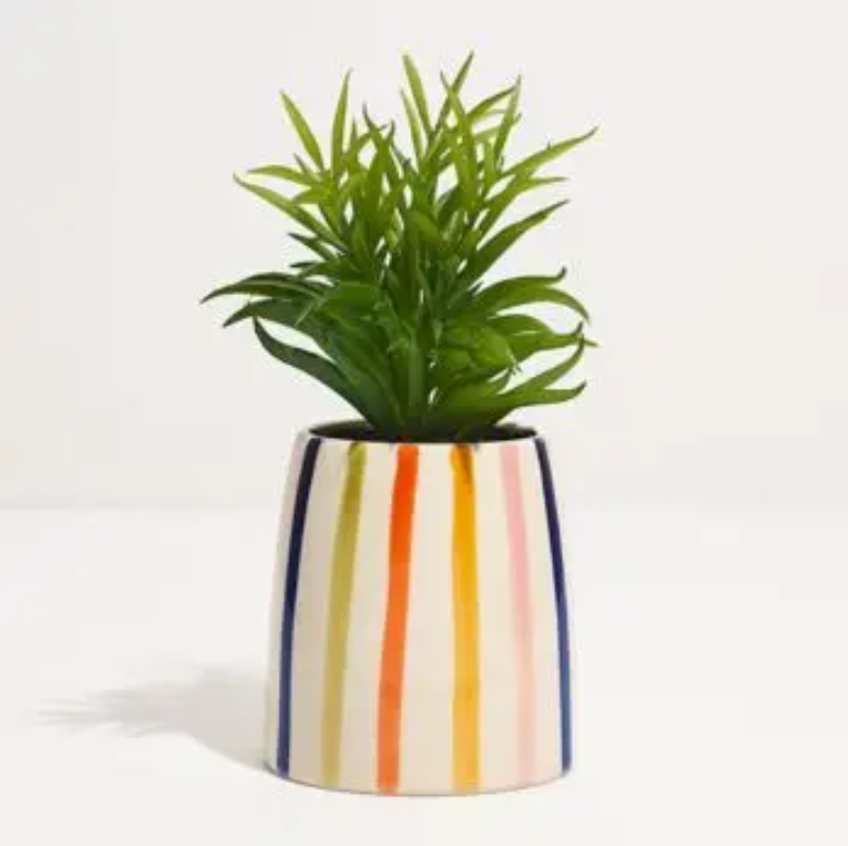 Rainbow Striped Planter with Faux Plant