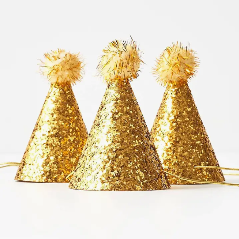 Gold Glitter Party Hats - Set of 8